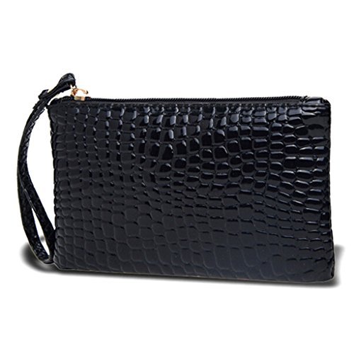 Arpoador 1 x Mujeres portátil cocodrilo Textura Monedero Cremallera Embrague Bolsa Bolso Monedero (Negro)