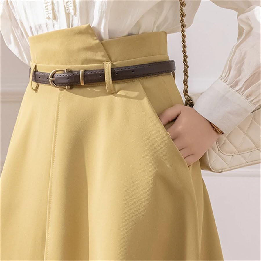 Women's High Waist A-Line Midi Skirt Solid Office Casual Fall Vintage Pull On Skirt3