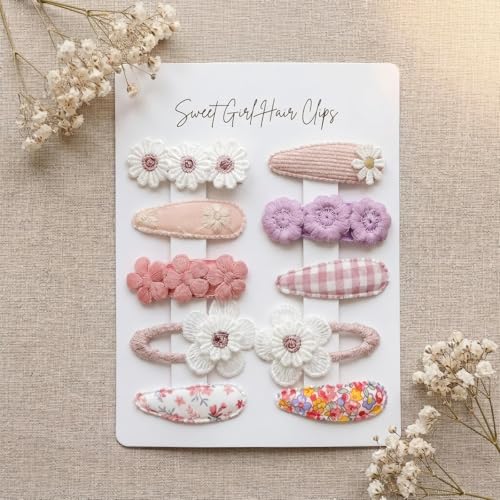 10 Stück Haarspangen Mädchen & Kleinkinder – Neutrale Snap Haarspangen Kinder mit gestickten Gänseblümchen, Handgemachte Mädchen Haarschmuck, Baby Haarspange für Säu...