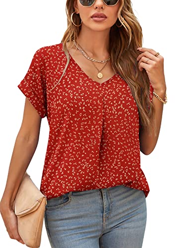 Yommay Blouses for Womens V Neck Ladies Tops Summer Chiffon Blouses Tops Short Sleeve Casual T Shirts(Flower Wine Red,X-Large)