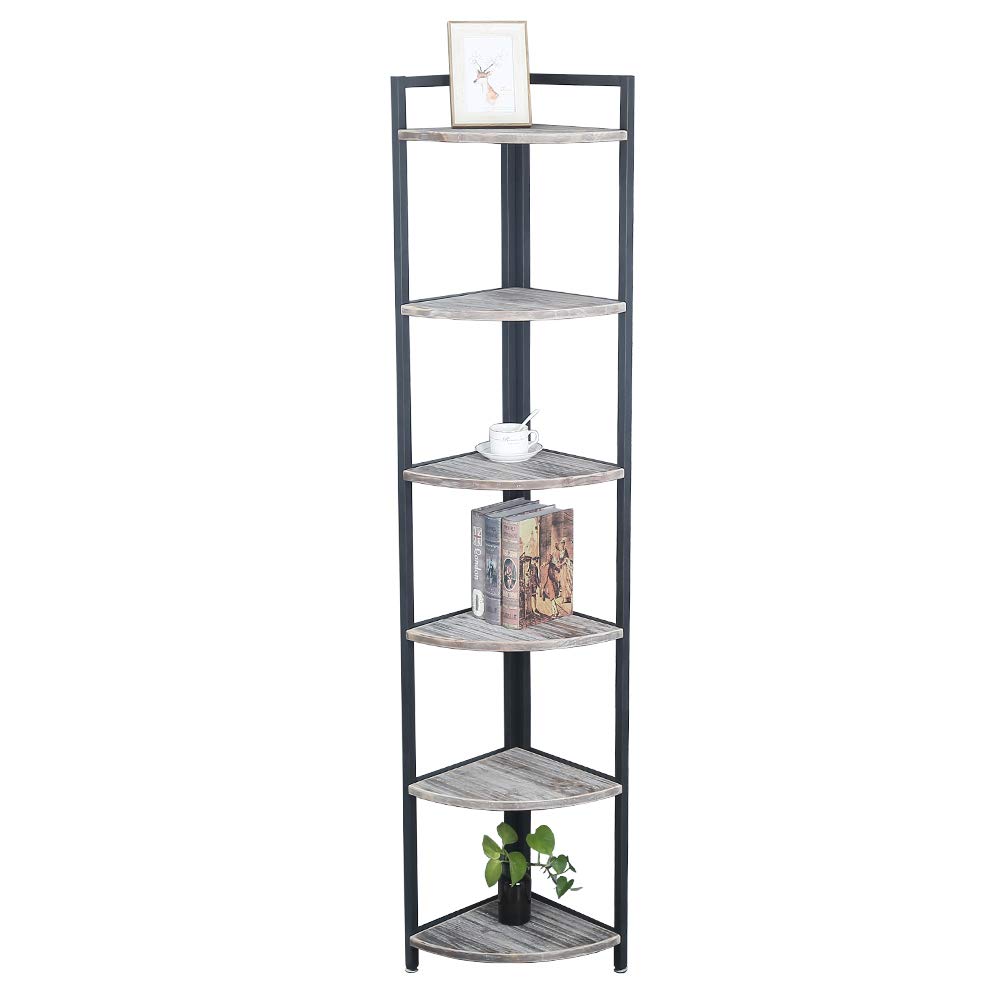 Industrial Wood Corner Shelf 6 Tier,Corner Bookcases and Book Shelves 6