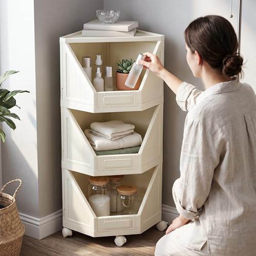 VERAT 3 Tier Plastic Corner Storage Cabinet Foldable Cupboard with Layer Locking System Multipurpose Storage Organizer Rack for Clothes Books Toys and Home Décor White (Off White)