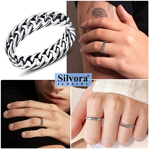 Silvora 925 Sterling Silver Cuban Link Rings, Wheat Chain Rings for Women Men Statement Stackable Jewelry for Men Size 62