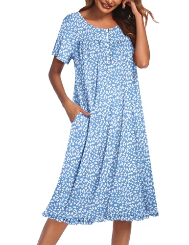 Image of Ekouaer Nightgowns for Women with Pockets Button Front Short Sleeve House Dresses Floral Print Mumu Dress