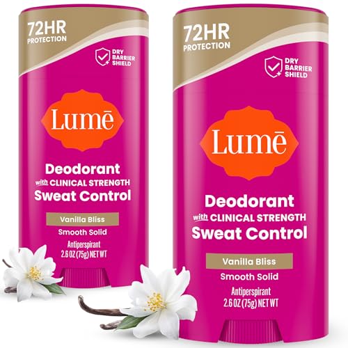 Lume Deodorant Plus Sweat Control - Smooth Solid Stick - Maximum Strength Antiperspirant - 72 Hour Odor And Sweat Control - Baking Soda Free Skin Loving - 2.6 ounce (Vanilla Bliss) Pack of 2