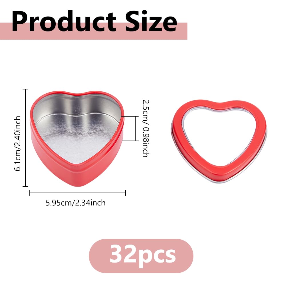 DICOSMETIC 32 Stück 60ml Klein Herzförmige Blechdosen mit Klarsichtdeckeln Herzförmige Kerzenbehälter Klein Metallboxen mit Deckel für Kerzenherstellung Süßigkeiten Geschenke Schätze, Rot
