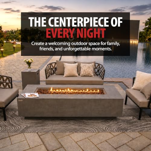 Image of AMS Creations | Savanah 72 inch Bundle Rectangular Cast Concrete Propane Gas Fire Pit Table | Light Gray | Travertine Texture Surface | Electronic Ignition| Outdoor Patio Heater Outside Backyard Fireplace