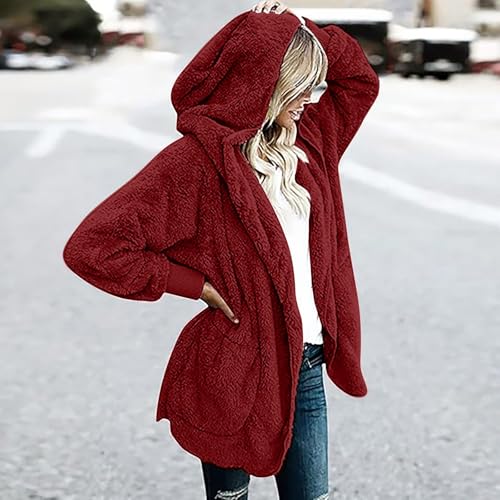 Fleece Jackets for Women 2024 Winter Long Sleeve Solid Fuzzy Fleece Open Front Hooded Cardigans Soft Coat with Pocket2
