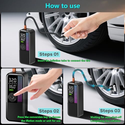 Tire Inflator Portable Air Compressor, 150 PSI Cordless Air Pump, Dual Power 6000mAh, 12V DC Car Plug, Fast Inflation 24L/Min, Auto Shut-Off, LED Light, 4 Preset Modes for Car, Bike, Motorcycle, Balls - Image 8