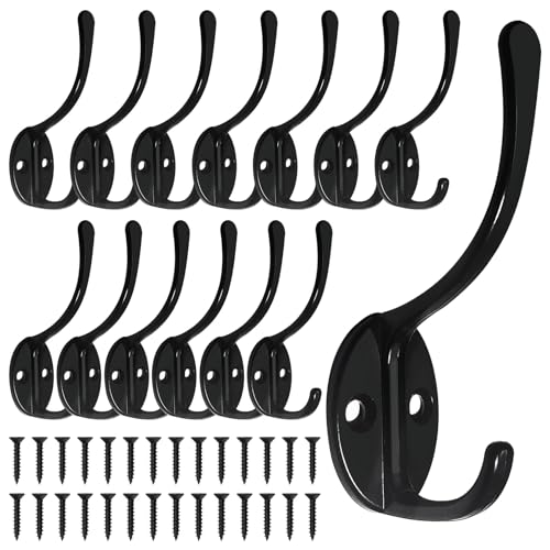 14 Pack Coat Hooks Wall Mounted with 28 Screws, Heavy Duty Black Towel Hooks Metal Double Hooks, No Rust Retro Rustic Wall Hooks for Hanging Towel, Coat, Scarf, Bag, Hat, Cup, Key