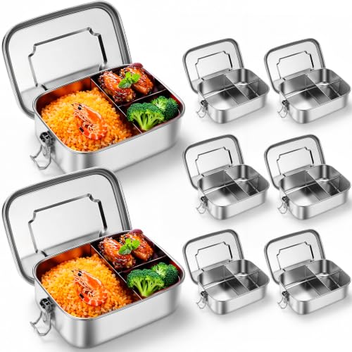 Image of Funnymoom 8 Pcs Stainless Steel Metal Bento 40 oz Leak Proof Metal Lunch Container 3 Compartment Packing Box Sandwich Container Bento Snack Box for Work Travel Adults