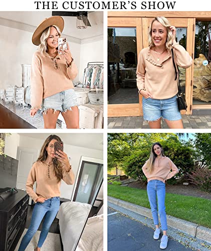 Btfbm Women's Sweaters Casual Long Sleeve Button Down Crew Neck Ruffle Knit Pullover Sweater Tops Solid Color Striped(Solid Khaki, Large) #TOP3