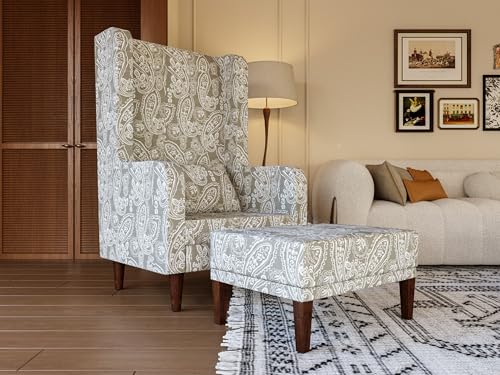 Image of WELL KNOWN Wooden Set of 2 Wing Chair with Ottoman | Wingback Chair for Living Room | Home Decor Furniture (Grey with White- 2)