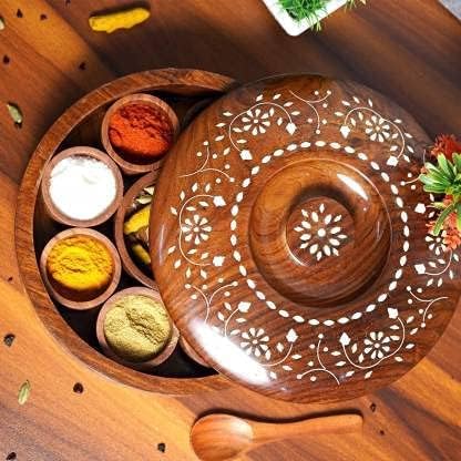 Masala box spice dabba Handicraft Pakka Sheesham Wooden with Spoon, Round for Kitchen Lid Decorative Handmade Organizer 9 Containers - Size (25 x 25 8.5cm), Brown