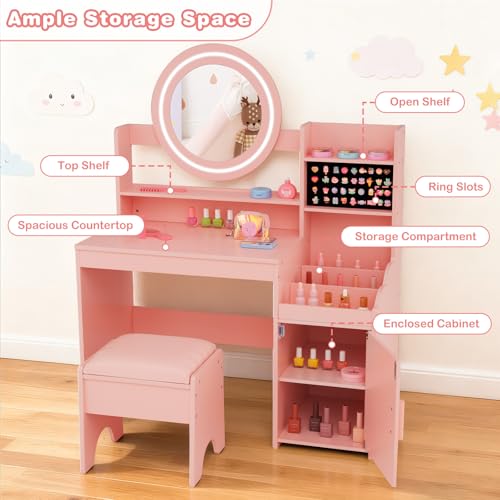 Image of INFANS Kids Vanity with Lights, Princess Makeup Desk with Mirror Storage Shelves, Toddler Table and Chair Set Pretend Play for Girls Aged 4-9