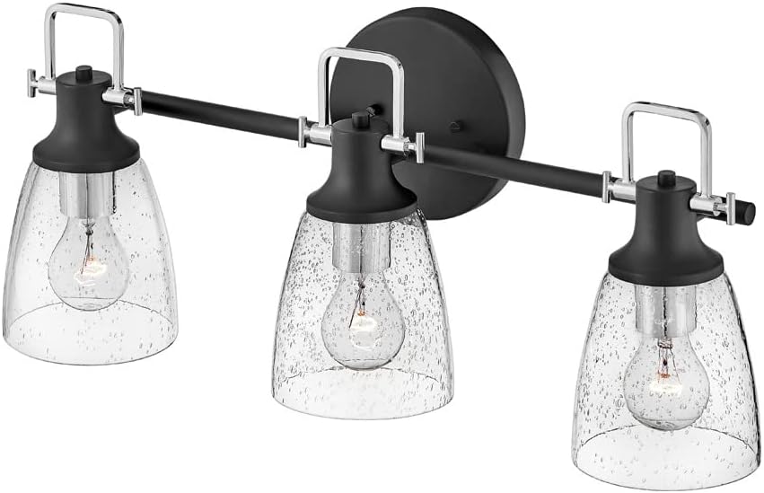 Hinkley Easton Three Light Bath Vanity Fixture, Modern Industrial, Clear Seedy Glass Shade, Mounts Up or Down, Black and Chrome