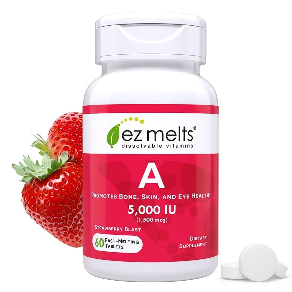 EZ Melts Vitamin A - Skin, Eye & Bone Health Supplement - Supports Healthy Nervous System - No Artificial Flavors - Non-GMO & Vegan - Strawberry Blast - 60 Dissolvable Tablets (60 Servings)
