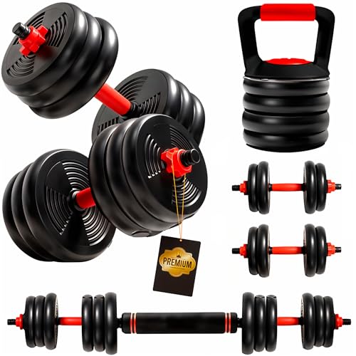ManiBoom Pesas y Mancuernas Ajustables ANTIDESLIZANTES - Mancuernas 10kg 15kg 20kg 30kg 40kg 50kg Hexagonales con Barra Regulables y Cierre de SEGURIDAD - Kit de Ejercicio (25KG + Kettlebell Roj)