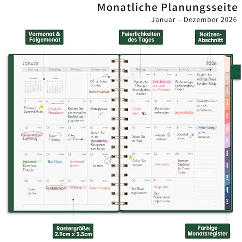 RETTACY Kalender 2026 - Terminplaner 2026 Notizbuch A5, Wochenplaner für Schule, Studium & Arbeit - Jan-Dec 2026 - Dunkelgrün – Bild 4