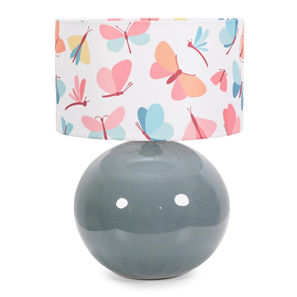 Eucalyptus Ceramic Table Lamp with Butterfly Drum Lampshade Living Room Bedside Light - LED Bulb Included