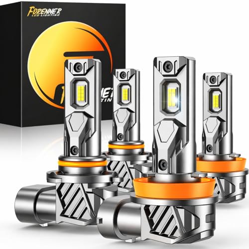 FORENNER H11 9005 Light Bulbs Combo, 140000LM 1000% Ultra Brightness, 6500K Cool White H9/H8/H16 HB3 lights Bulbs Assemblies, 1:1 Mini Size, 10-Year Lifespan, Play-N-Plug, Pack of 2.