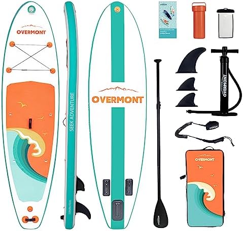 Overmont Inflatable Stand Up Paddle Board with Premium SUP Accessories, 10’6’’ Wide Durable Design, Non-Slip Stable Deck for Youth & Adults of All Skill Levels, Leash Paddle & Pump included