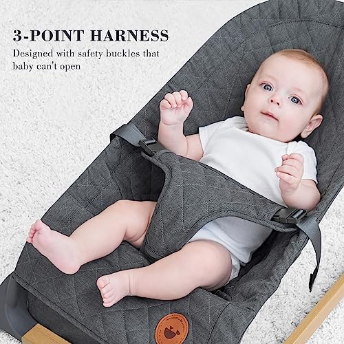 ANGELBLISS Baby Bouncer, Portable Bouncer Seat for Babies, Infants Bouncy Seat with Wood Grain Base, Natural Vibrations (Grey) - Thumbnail 4