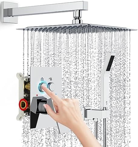 SR SUN RISE Shower System with Push Button Diverter Bathroom Luxury 10 Inch Rain Shower Head with Handheld Spray, High Pressure Shower Faucet Combo Set with Faucet Trim Repair Kits, Polished Chrome