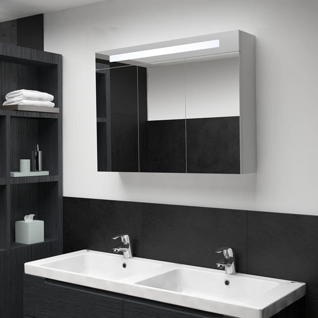 vidaXL Modern LED Bathroom Mirror Cabinet with Storage Shelves, Integrated Light, USB Interface - White and Silver, 34.6