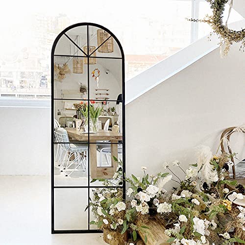 Tinytimes 65×22" Arched Window Finished Full Length Mirror, Wall Mirror, Metal Frame, Home Decor Mirror, Windowpane Mirror, Wall Mounted Or Leaning, No Stand - Black #TOP3