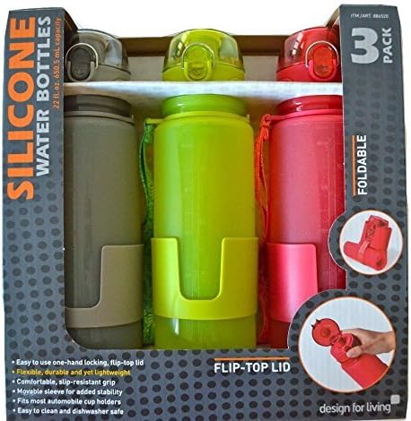 Design for Living Silicone Foldable Water Bottle with Flip-top Lid and Strap 22-ounce - Gray, Lime-green & Red 3-pack by Design For Living