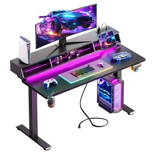 OffiGo Gaming Standing Desk with LED Light, 48 Inch Electric Height Adjustable Table with Power...