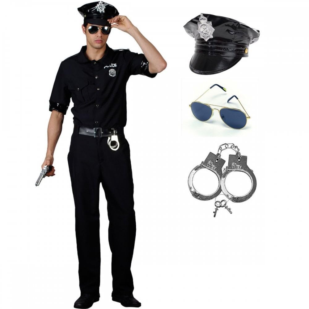 Titch & Timbo New York Cop Adult Mens Costume With Hat + Sunglasses + Handcuffs : NYPD USA American Policeman Stag Do Halloween Fancy Dress Outfit (L (Chest 44"))
