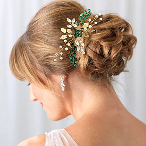 Bride Wedding Hair Comb Crystal Rhinestone Pearls Silver Leaf Hair Piece Accessories For Women Girls Homecoming Party (Green) #TOP1
