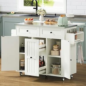 DWVO Kitchen Island on Wheels, Mobile Kitchen Island Cart with Folding Drop Leaf Breakfast Bar, Island Table for Kitchen with Large Storage Cabinets, Racks, Drawers and Adjustable Shelves, White