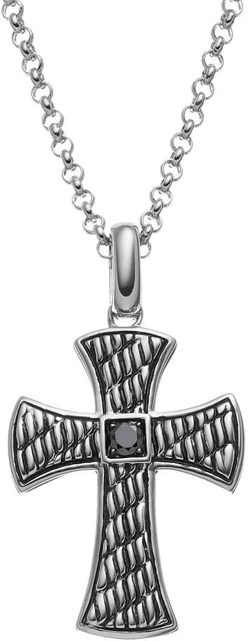 JewelMore 1/8 Carat T.W. Black Diamond Sterling Silver Textured Cross Pendant Necklace - Men