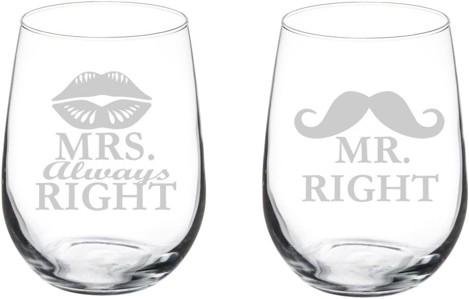 Set of 2 Wine Glasses Funny Wedding Married Couple Mr. Right Mrs. Always Right (17 oz Stemless)