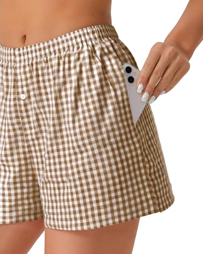 Image of Women Boxer Shorts Summer Gingham Pj Casual Plaid Bottoms with Pocket