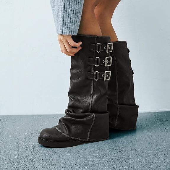 Image of MAVMAX Women Slouchy Knee High Boots Casual Round Toe Pull On Riding Biker Boots Fold Over Chunky Low Heel Platform Boot