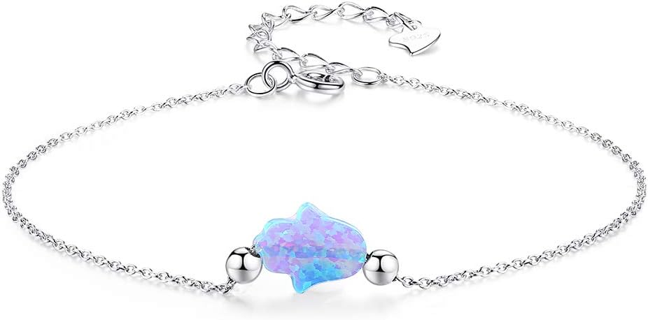 Blue Synthetic Opal Hamsa Hand of Fatima Bracelet Sterling Silver 925 Adjustable Cable Chain 6.5"+1.5"