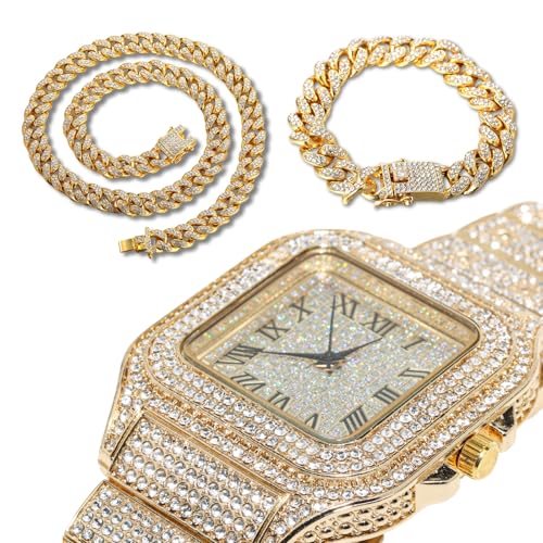 Halukakah Men’s Watch - The King - 18K Gold/Platinum Plated, 40MM Square Dial, Iced Out Wristband, with Cuban Link Chain Necklace and Bracelet Set Optional, Comes in Giftbox