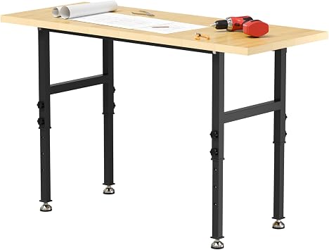 60" Height Adjustable Workbench, Particleboard Desktop Heavy Duty Workstation, 2200 LBS Load Capacity Hardwood Workbench for Garage, Shop, Office