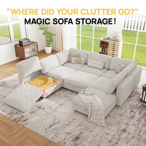 Image of 128 inch Modular Sectional Chenille Sofa bed with Hidden Storage, Comfy Modern 8 Seater Oversized Deep Seat Couch, Modular Sectional with Ottoman and Removable Cover for Living Room, Apartment, Beige