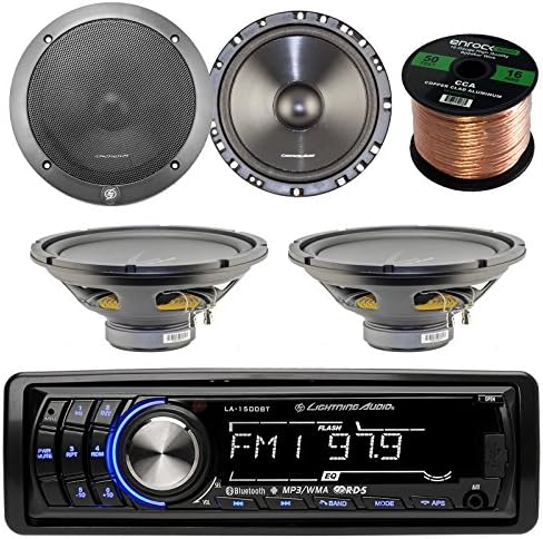 Lightning Audio by Rockford Fosgate LA1500BT MP3 Bluetooth Stereo Receiver Bundle Combo with 2X 6.5 Inch Full Range Black Car Coaxial Speakers + 2X 12 Single Voice Coil Subwoofer + Enrock 50Ft Wire