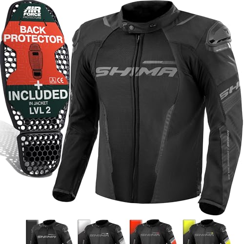SHIMA SOLID Motorrad Jacke Herren mit Protektoren AIRFORCE Rückenprotektor Motorradjacke Sommer Schutzjacken Textiljacke Wasserdicht Powersports Protective Gear (Männer, Schwarz, Belüftet, XL)