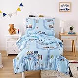 Wake In Cloud - Train Toddler Bedding Set for Boys, Cartoon Trains on Railway, 4 Pieces Soft Crib Bed Set Including Comforter, Sheets and Pillowcase, Light Blue