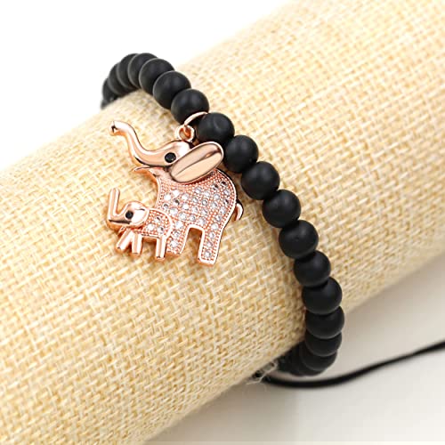 Image of Matte Agate Black Onyx /Turquoise Beads Bracelet, Good Luck Mom and Baby Elephant Bracelet, To My Mom Bracelet Gifts for Mothers Day from Daughter