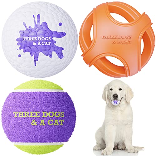 Paquete de 3 juguetes interactivos para perros pequeños y medianos, pelota de perro masticable resistente y bola de goma para perros y pelotas de tenis chirriantes para hacer ejercicio Cover