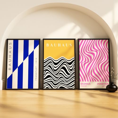 Image of SoulAbiti Geometric Shapes Series set of 3 Framed Wall Print 12x18 inch Black Frame Plexi-Glass Bauhaus Art ready to hang for living room bedroom office decor
