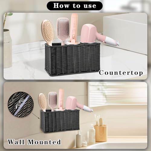 SOKVCCV Hair Tool Organizer,Wall Mount Curling Iron Holder,Waterproof Wicker Hot Tools Organizer for Hair Dryer,Flat Irons,Curling Wands,Straighteners Storage,in Cabinet,Bathroom,Vanity (Black)